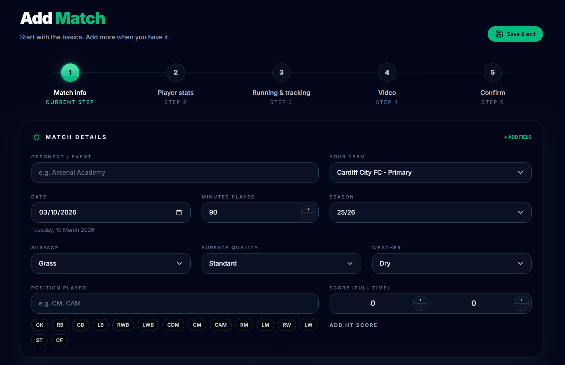 Add Match screen showing the match entry form with tabs for details, stats, and feedback notes.