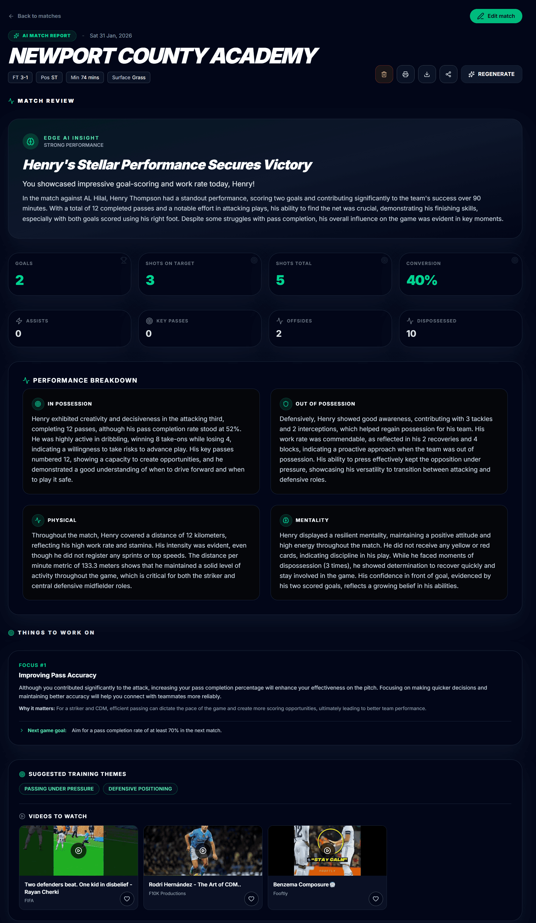 Match report screen showing a detailed performance breakdown and follow-up actions.