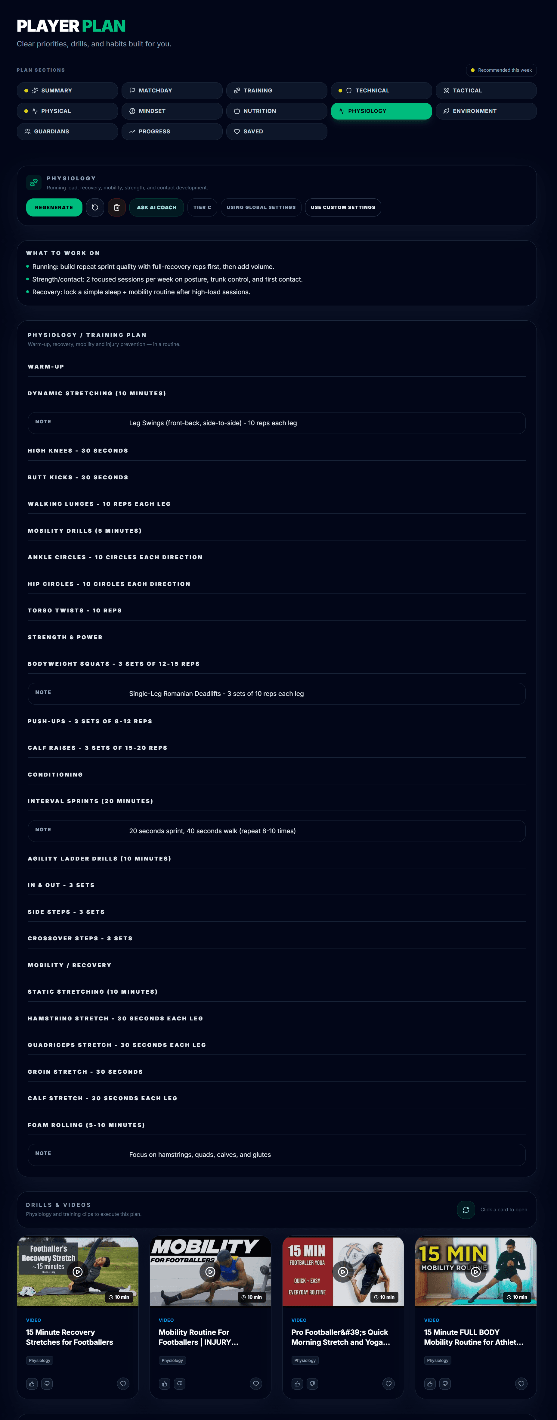 Player plan screen showing weekly focus areas, drills, and progress tracking.